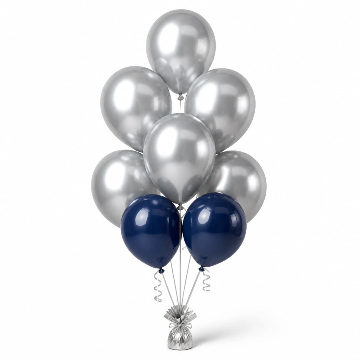 Silver & Navy Balloon Bunch (5/2 mix) - photorealistic coordinated seven-balloon bunch