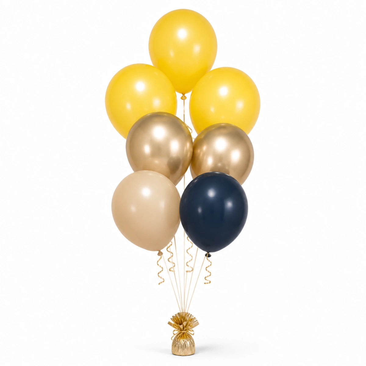Yellow, Champagne, Warm Sand & Navy Balloon Bunch - photorealistic coordinated seven-balloon bunch