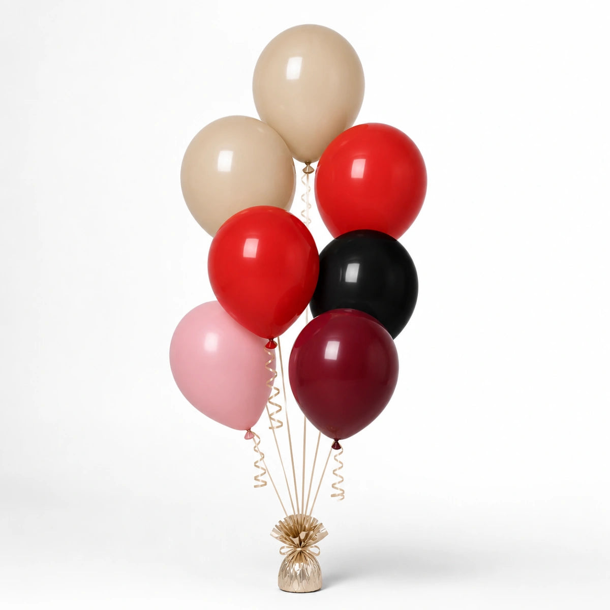 Warm Sand, Red, Black, Blush Pink & Merlot Balloon Bunch - photorealistic coordinated seven-balloon bunch