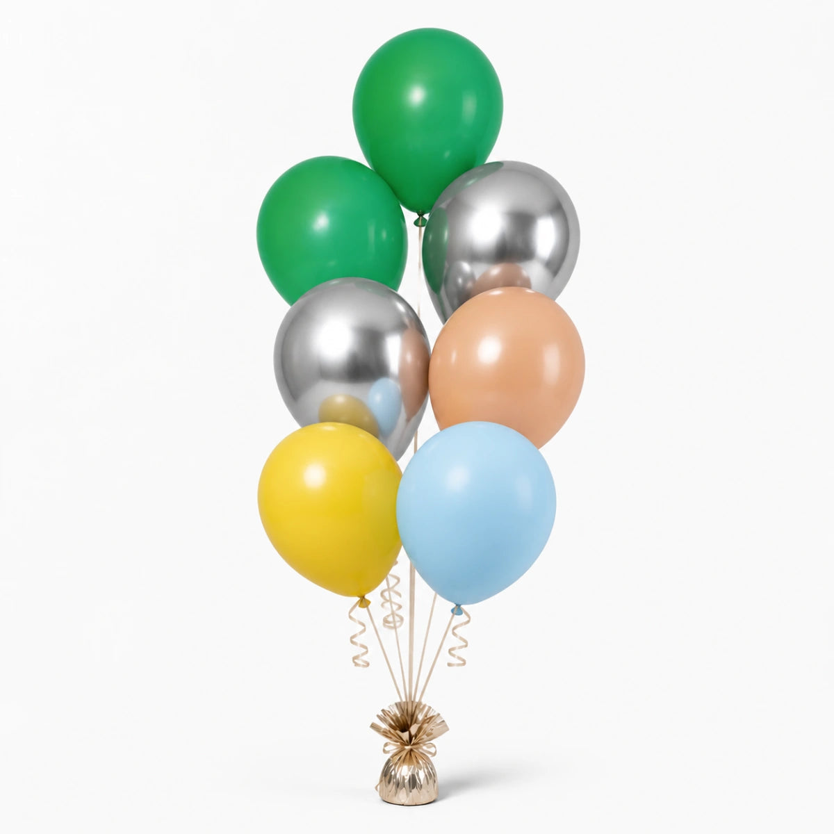 Shamrock Green, Silver, Nude, Yellow & Pastel Blue Balloon Bunch - photorealistic coordinated seven-balloon bunch