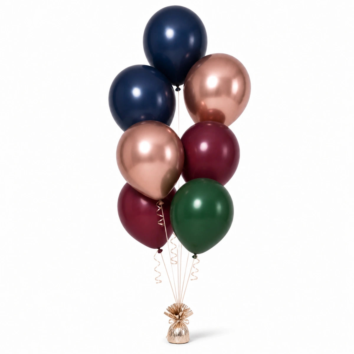 Navy, Rose Gold, Merlot & Forest Green Balloon Bunch - photorealistic coordinated seven-balloon bunch