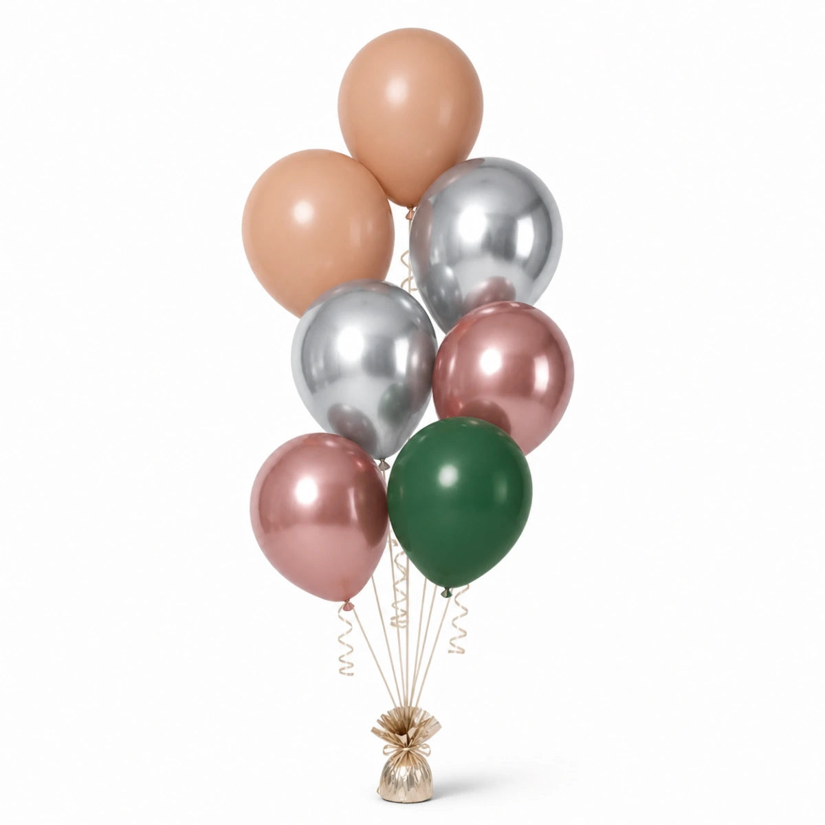 Nude, Silver, Rose Gold & Forest Green Balloon Bunch - photorealistic coordinated seven-balloon bunch