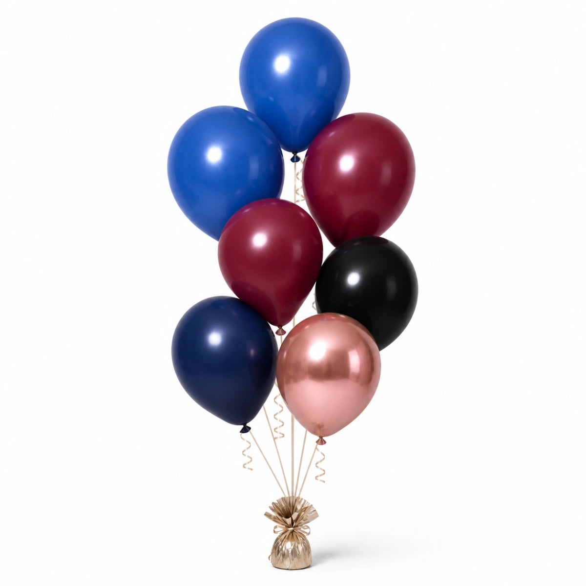 Royal Blue, Merlot, Black, Navy & Rose Gold Balloon Bunch - photorealistic coordinated seven-balloon bunch
