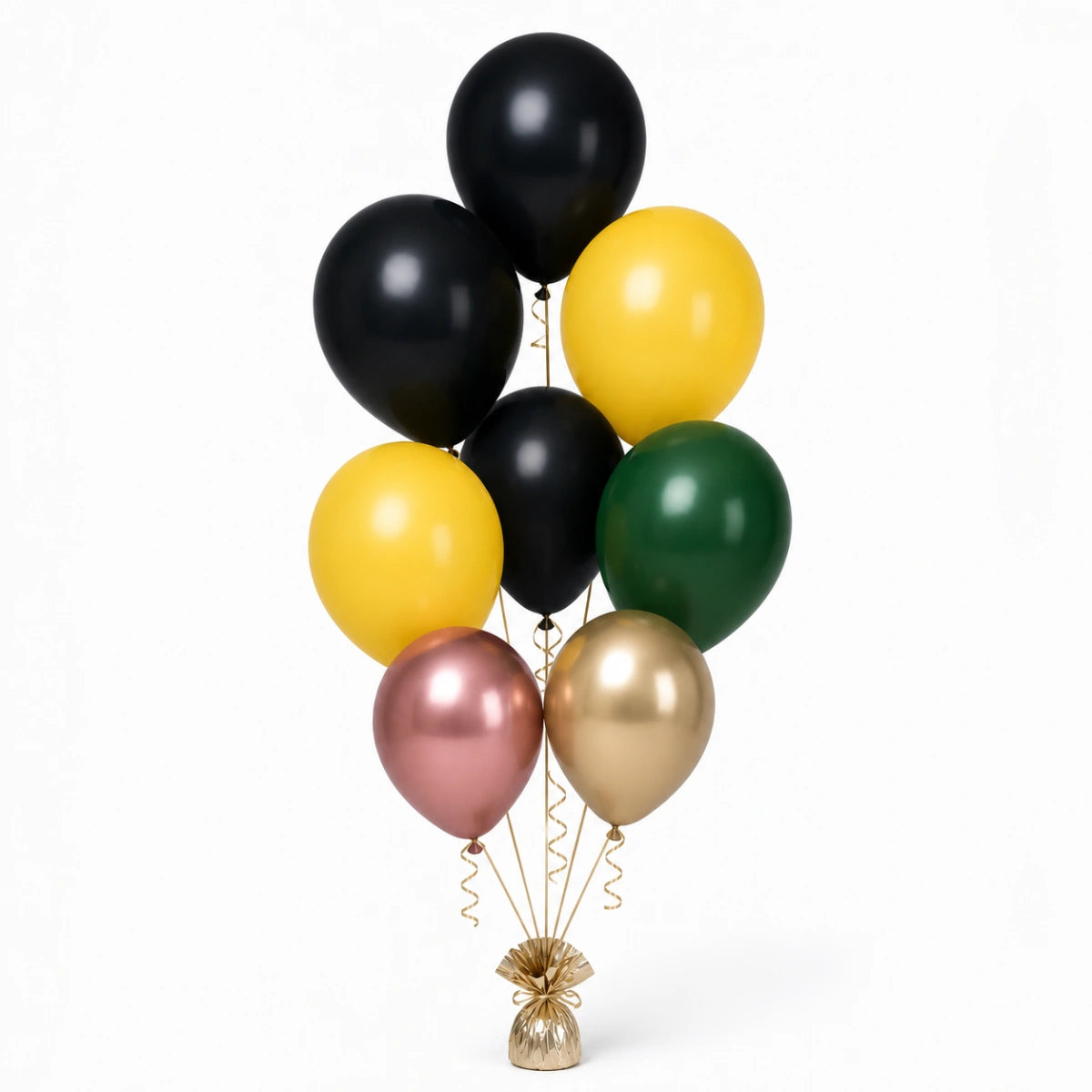 Black, Yellow, Forest Green, Rose Gold & Champagne Balloon Bunch - photorealistic coordinated seven-balloon bunch