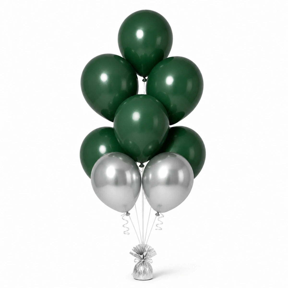 Forest Green & Silver Balloon Bunch (5/2 mix) - photorealistic coordinated seven-balloon bunch