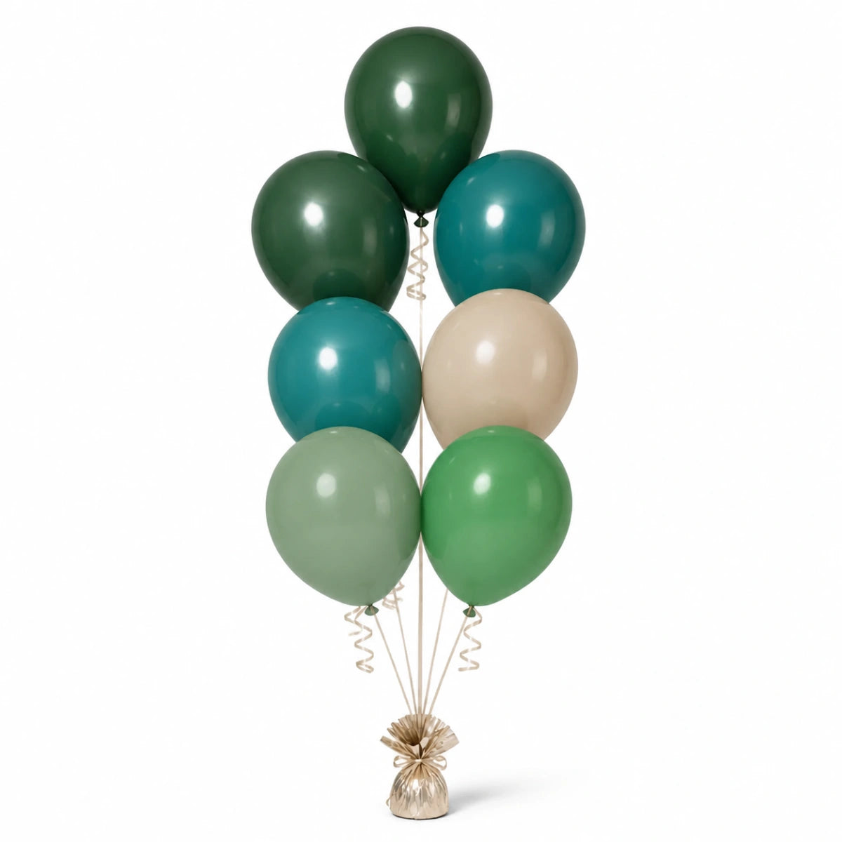 Forest Green, Deep Teal, Warm Sand, Eucalyptus & Shamrock Green Balloon Bunch - photorealistic coordinated seven-balloon bunch