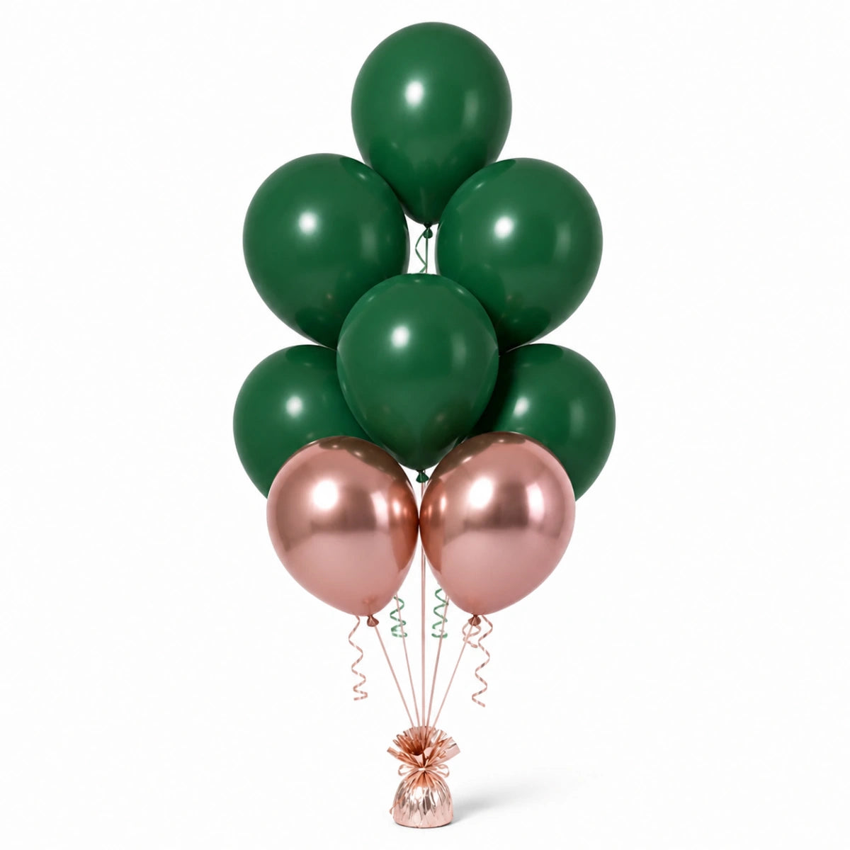 Forest Green & Rose Gold Balloon Bunch - photorealistic coordinated seven-balloon bunch