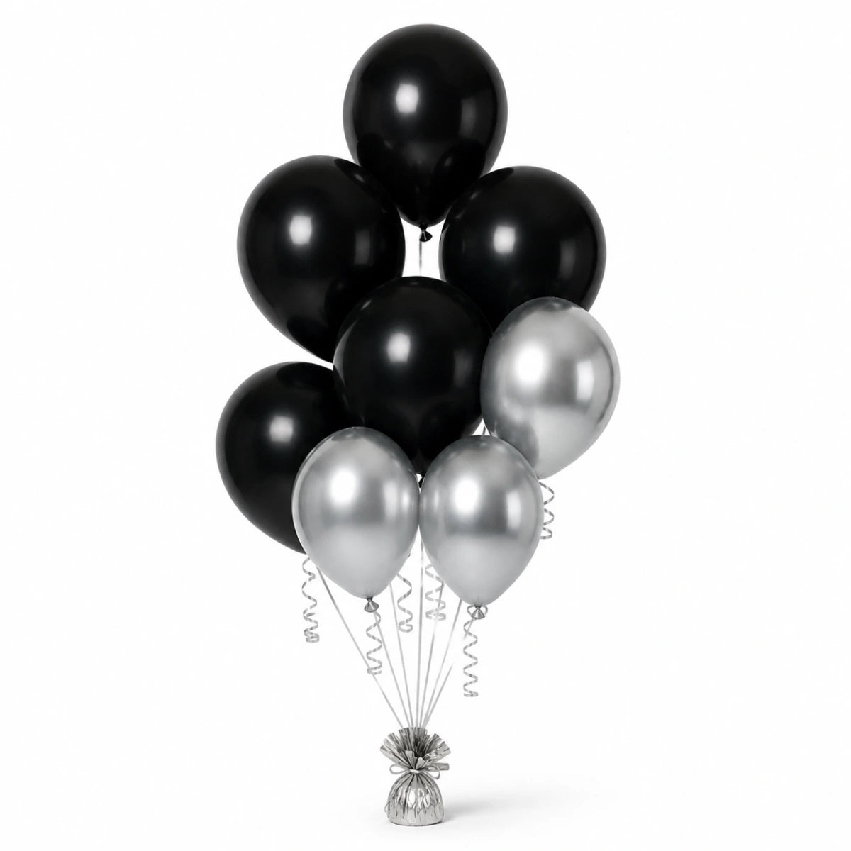 Black & Silver Balloon Bunch (4/3 mix) - photorealistic coordinated seven-balloon bunch