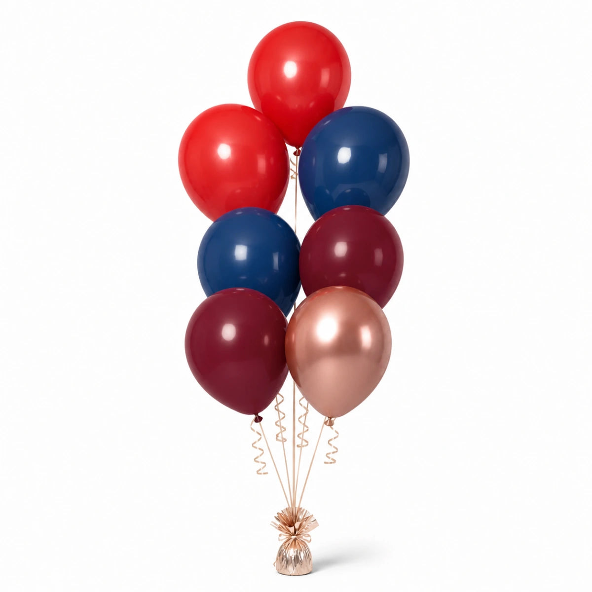 Red, Navy, Merlot & Rose Gold Balloon Bunch - photorealistic coordinated seven-balloon bunch