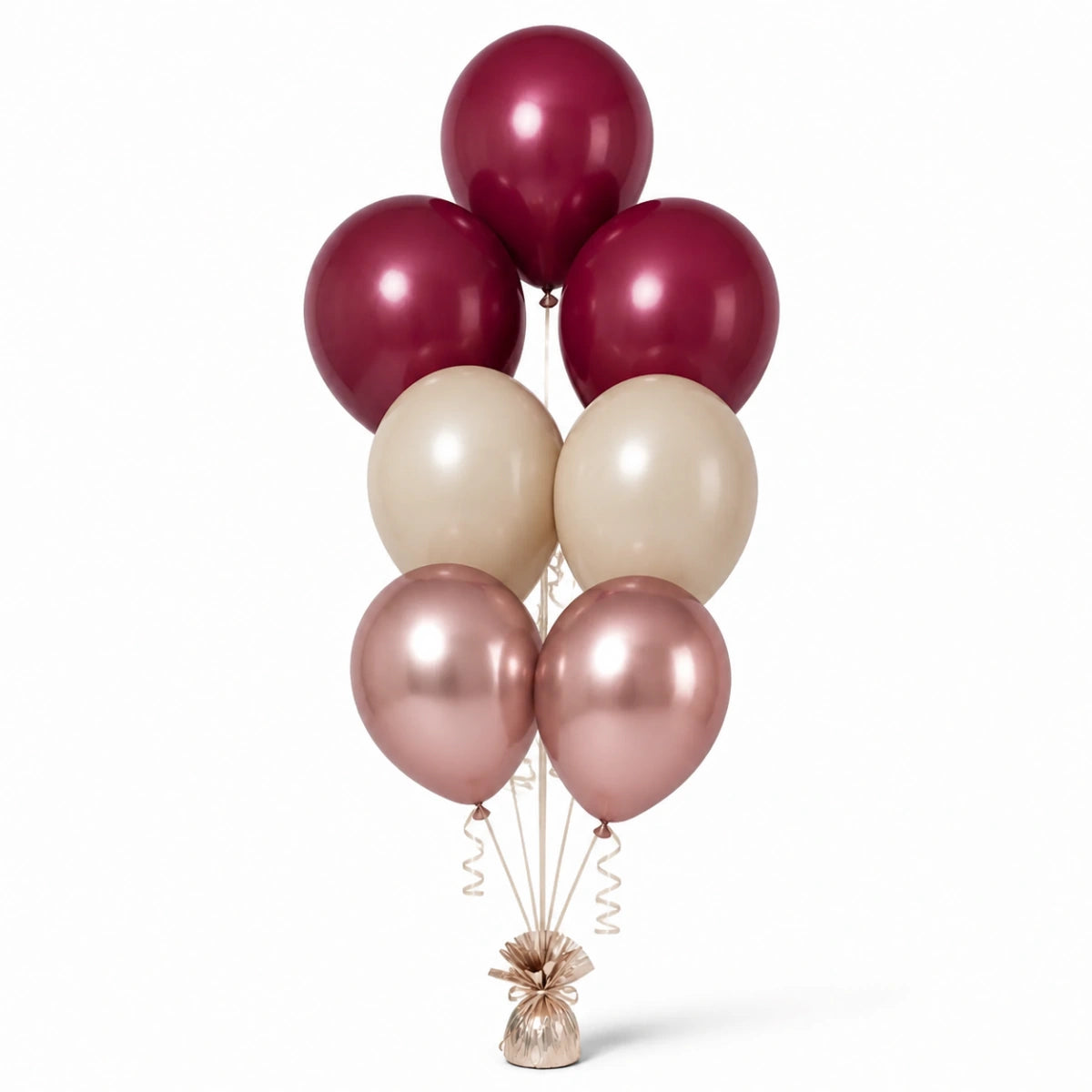Merlot, Warm Sand & Rose Gold Balloon Bunch - photorealistic coordinated seven-balloon bunch