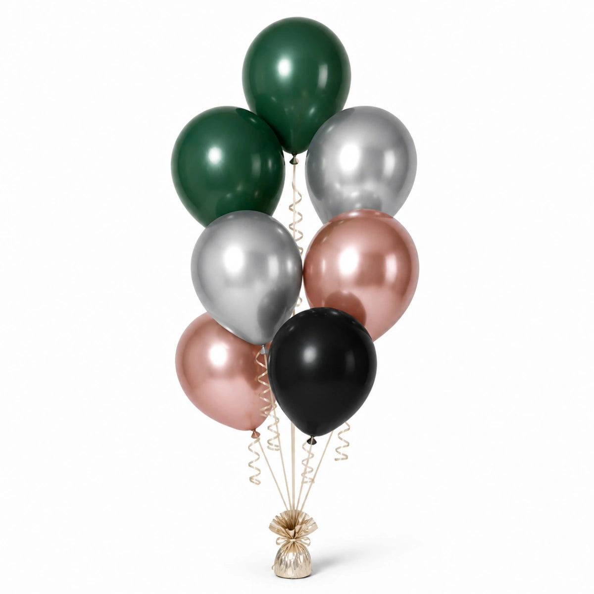 Forest Green, Silver, Rose Gold & Black Balloon Bunch - photorealistic coordinated seven-balloon bunch