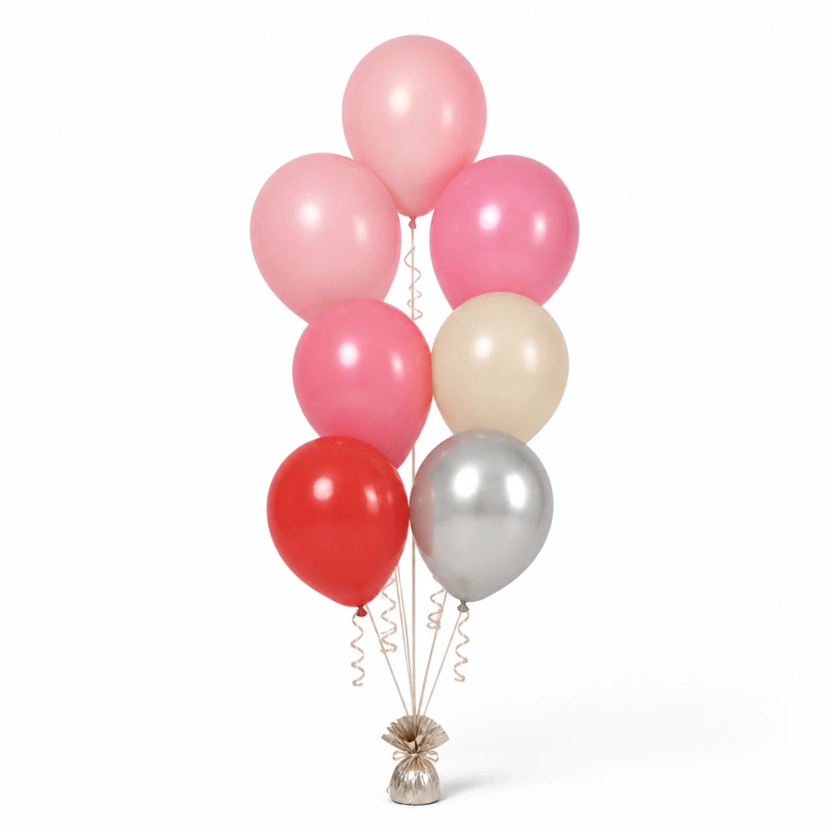 Blush Pink, Pink, Warm Sand, Red & Silver Balloon Bunch - photorealistic coordinated seven-balloon bunch