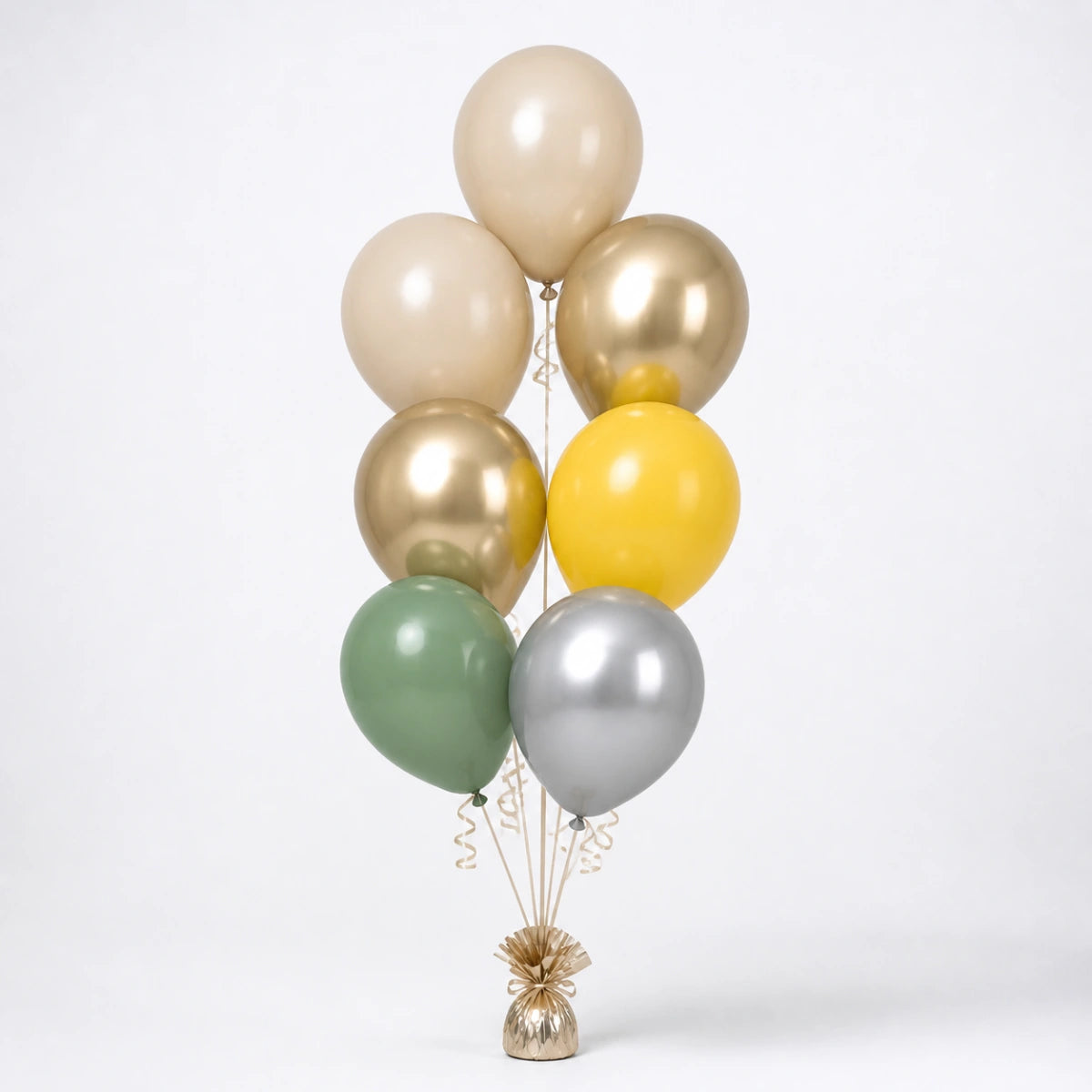 Warm Sand, Champagne, Yellow, Eucalyptus & Silver Balloon Bunch - photorealistic coordinated seven-balloon bunch