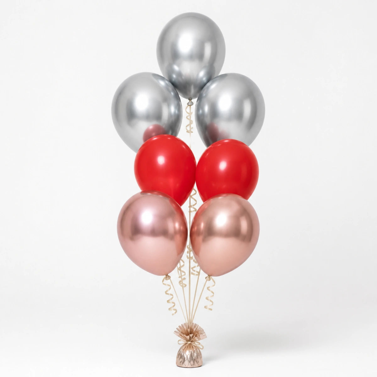 Silver, Red & Rose Gold Balloon Bunch - photorealistic coordinated seven-balloon bunch