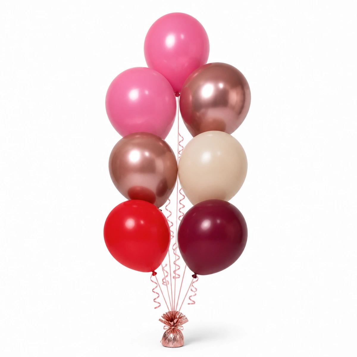 Pink, Rose Gold, Warm Sand, Red & Merlot Balloon Bunch - photorealistic coordinated seven-balloon bunch