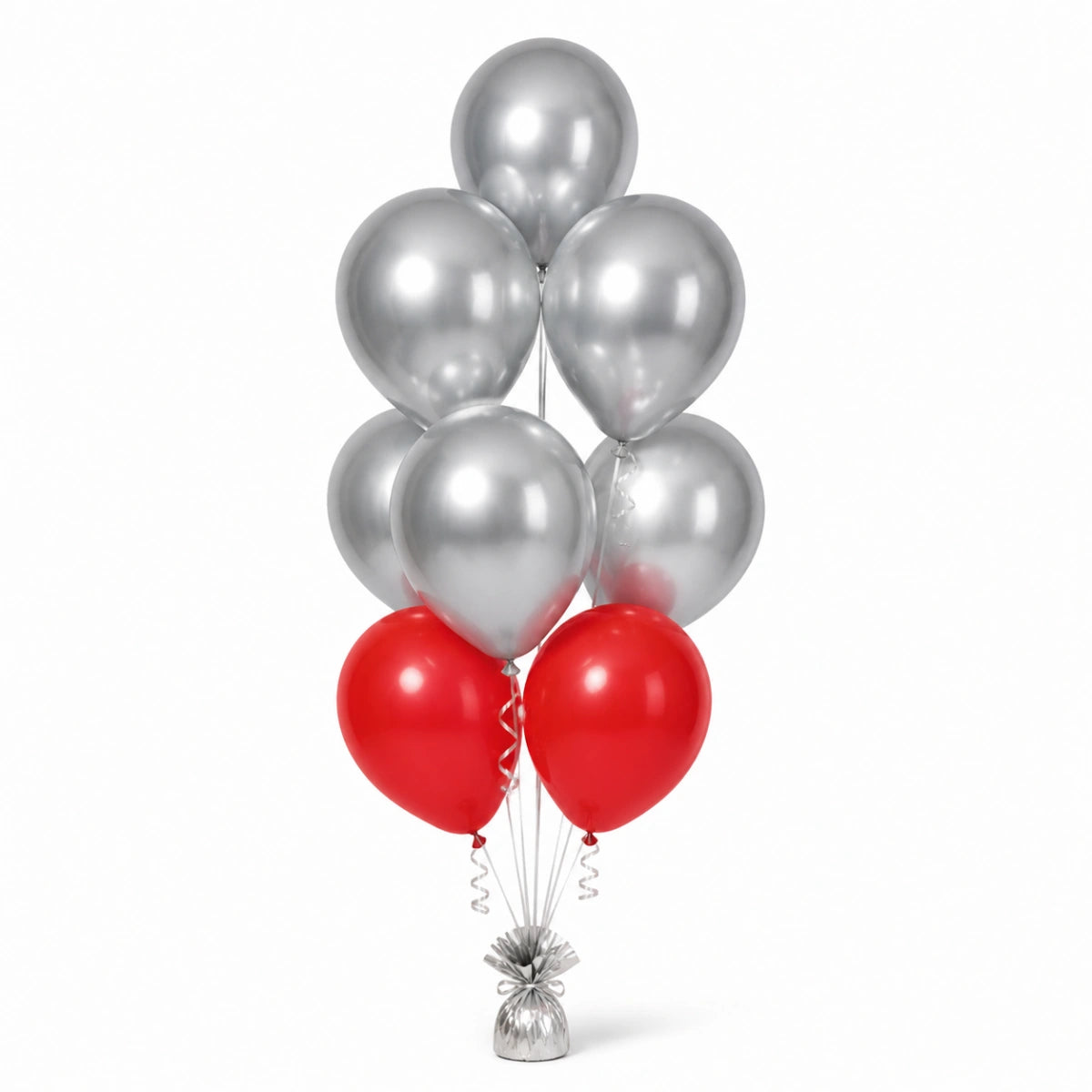 Silver & Red Balloon Bunch (5/2 mix) - photorealistic coordinated seven-balloon bunch