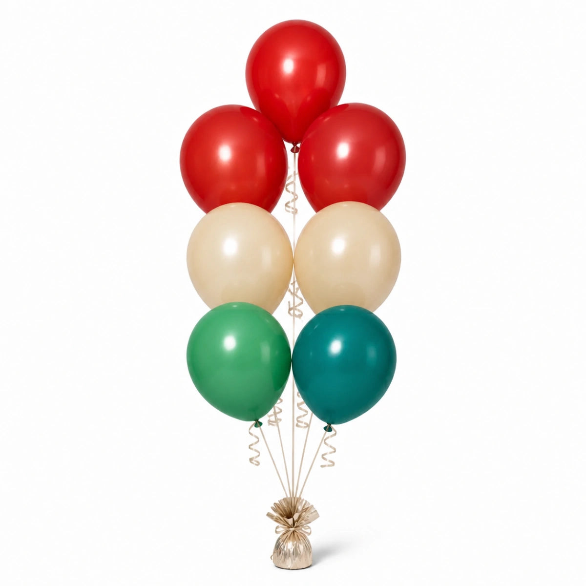 Red, Warm Sand, Shamrock Green & Deep Teal Balloon Bunch - photorealistic coordinated seven-balloon bunch