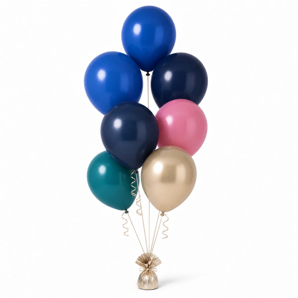 Royal Blue, Navy, Pink, Deep Teal & Champagne Balloon Bunch - photorealistic coordinated seven-balloon bunch