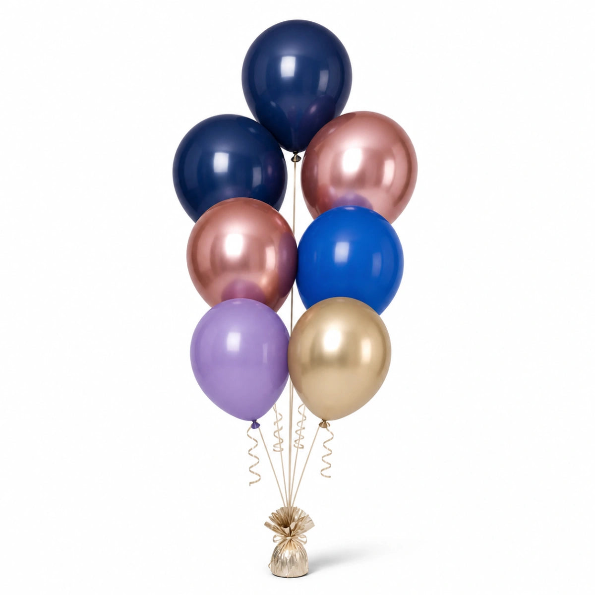 Navy, Rose Gold, Royal Blue, Lavender & Champagne Balloon Bunch - photorealistic coordinated seven-balloon bunch