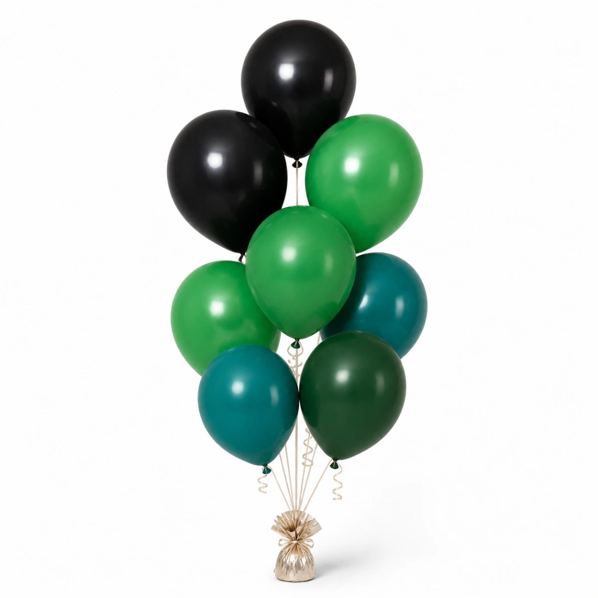 Black, Shamrock Green, Deep Teal & Forest Green Balloon Bunch - photorealistic coordinated seven-balloon bunch