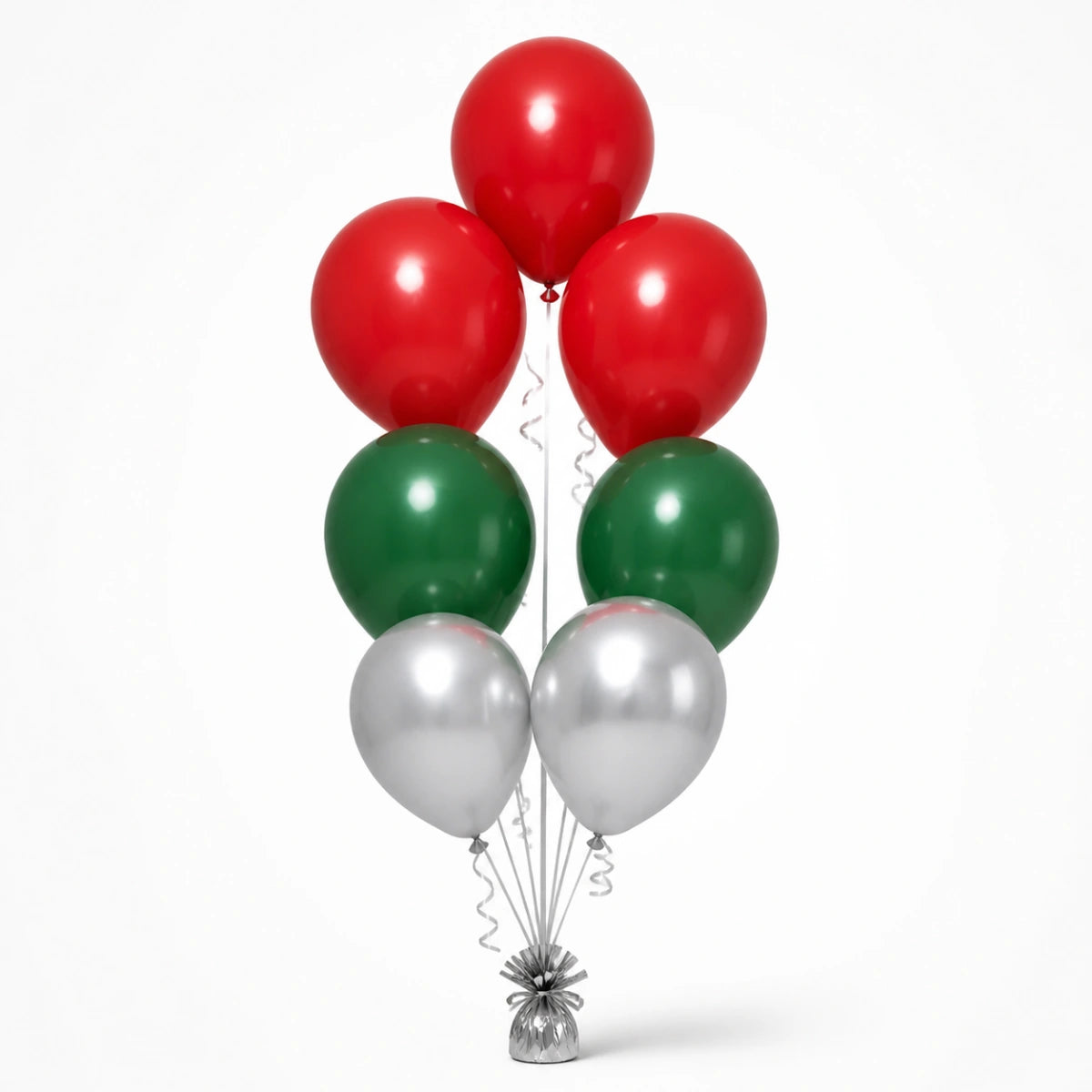 Red, Forest Green & Silver Balloon Bunch - photorealistic coordinated seven-balloon bunch