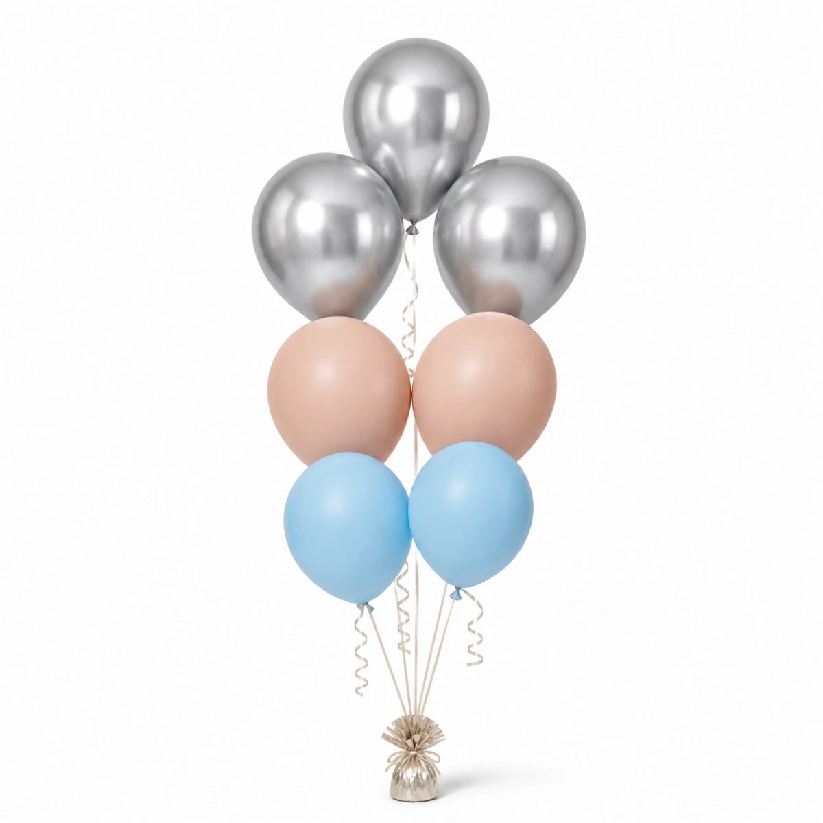 Silver, Nude & Pastel Blue Balloon Bunch - photorealistic coordinated seven-balloon bunch