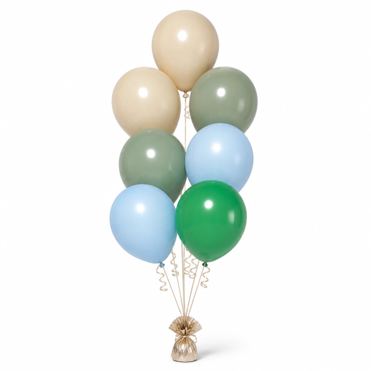 Warm Sand, Eucalyptus, Pastel Blue & Shamrock Green Balloon Bunch - photorealistic coordinated seven-balloon bunch