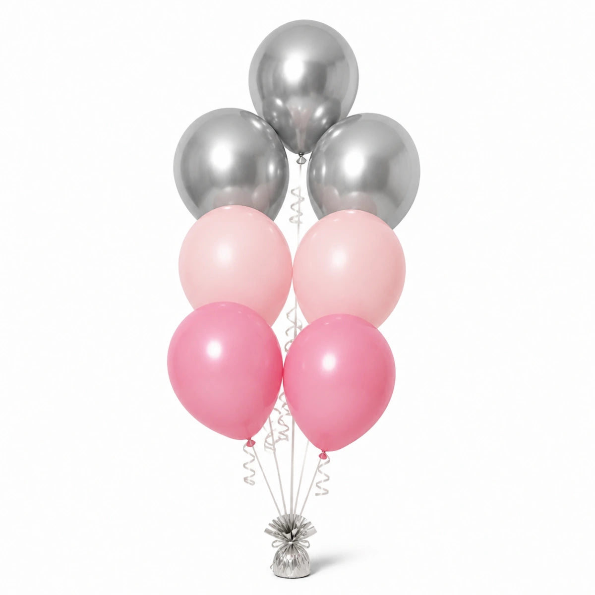 Silver, Blush Pink & Pink Balloon Bunch - photorealistic coordinated seven-balloon bunch