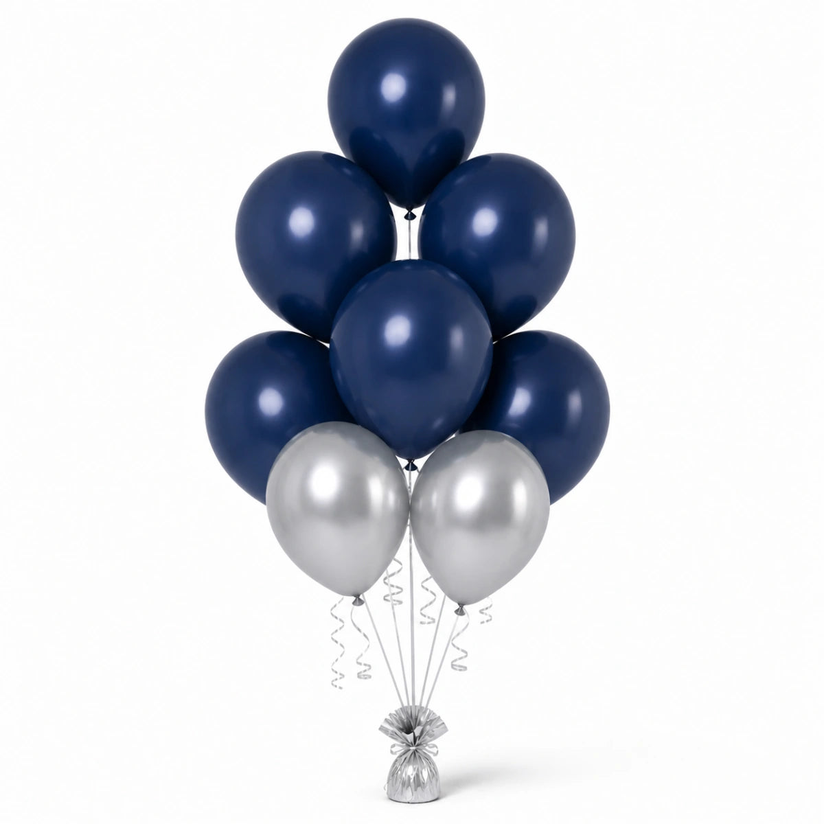 Navy & Silver Balloon Bunch (5/2 mix) - photorealistic coordinated seven-balloon bunch