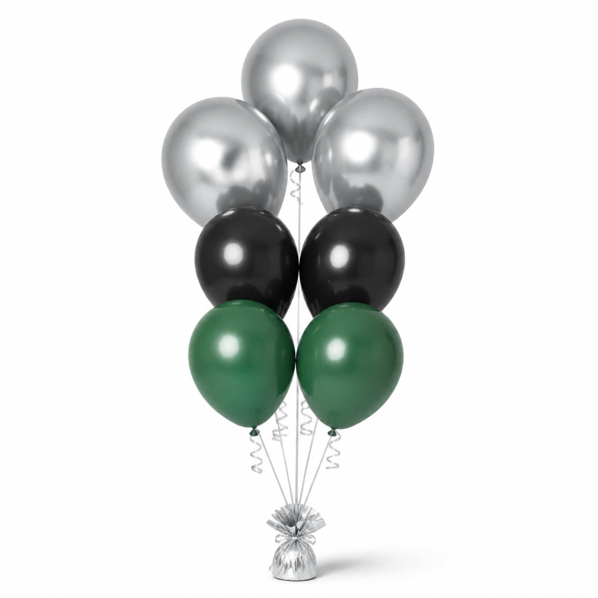Silver, Black & Forest Green Balloon Bunch - photorealistic coordinated seven-balloon bunch