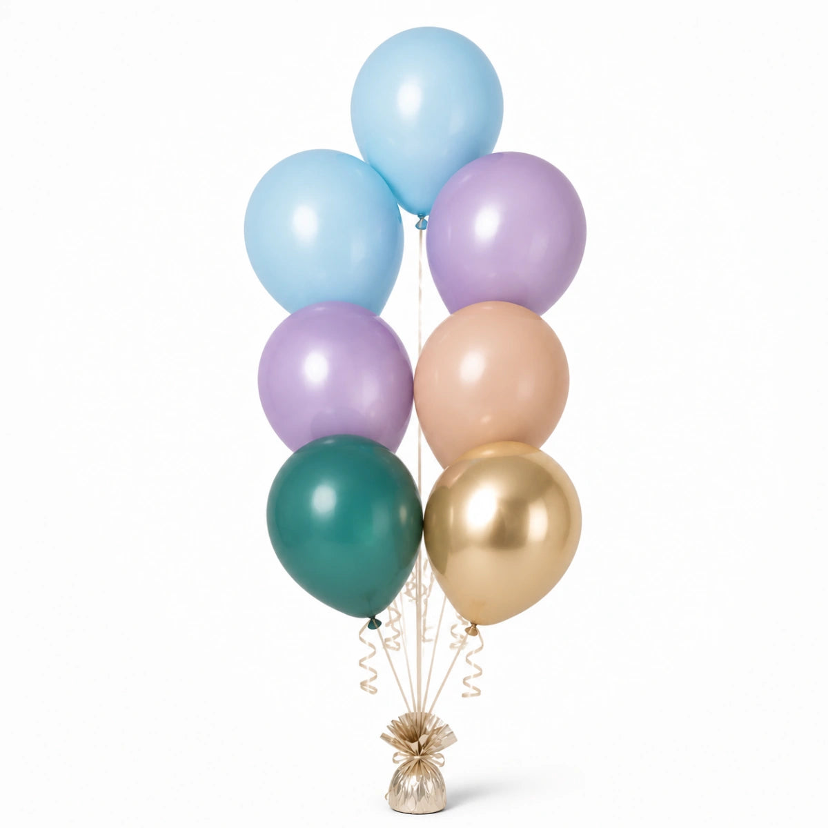Pastel Blue, Lavender, Nude, Deep Teal & Champagne Balloon Bunch - photorealistic coordinated seven-balloon bunch
