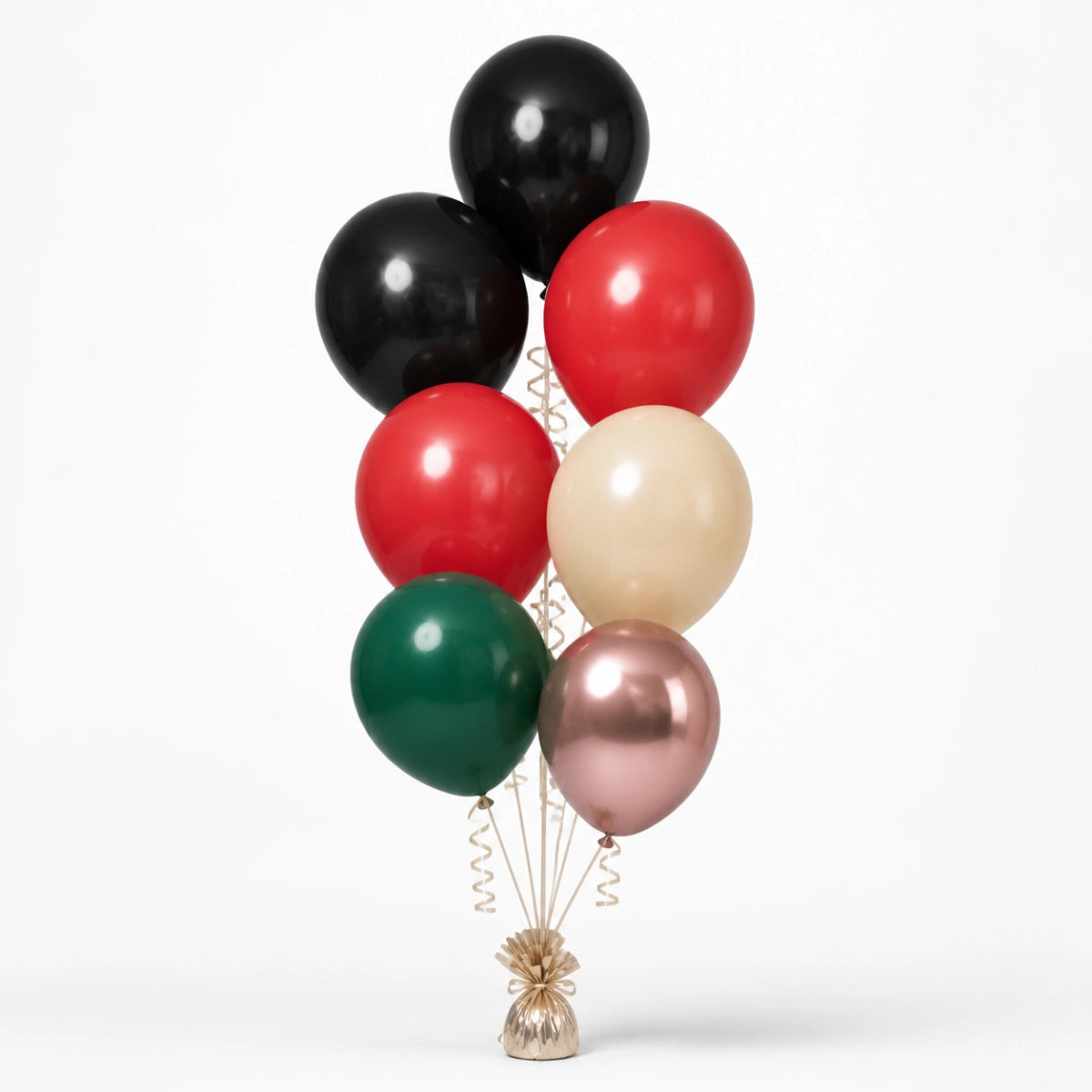 Black, Red, Warm Sand, Forest Green & Rose Gold Balloon Bunch - photorealistic coordinated seven-balloon bunch