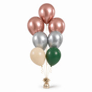 Rose Gold, Silver, Warm Sand & Forest Green Balloon Bunch - photorealistic coordinated seven-balloon bunch