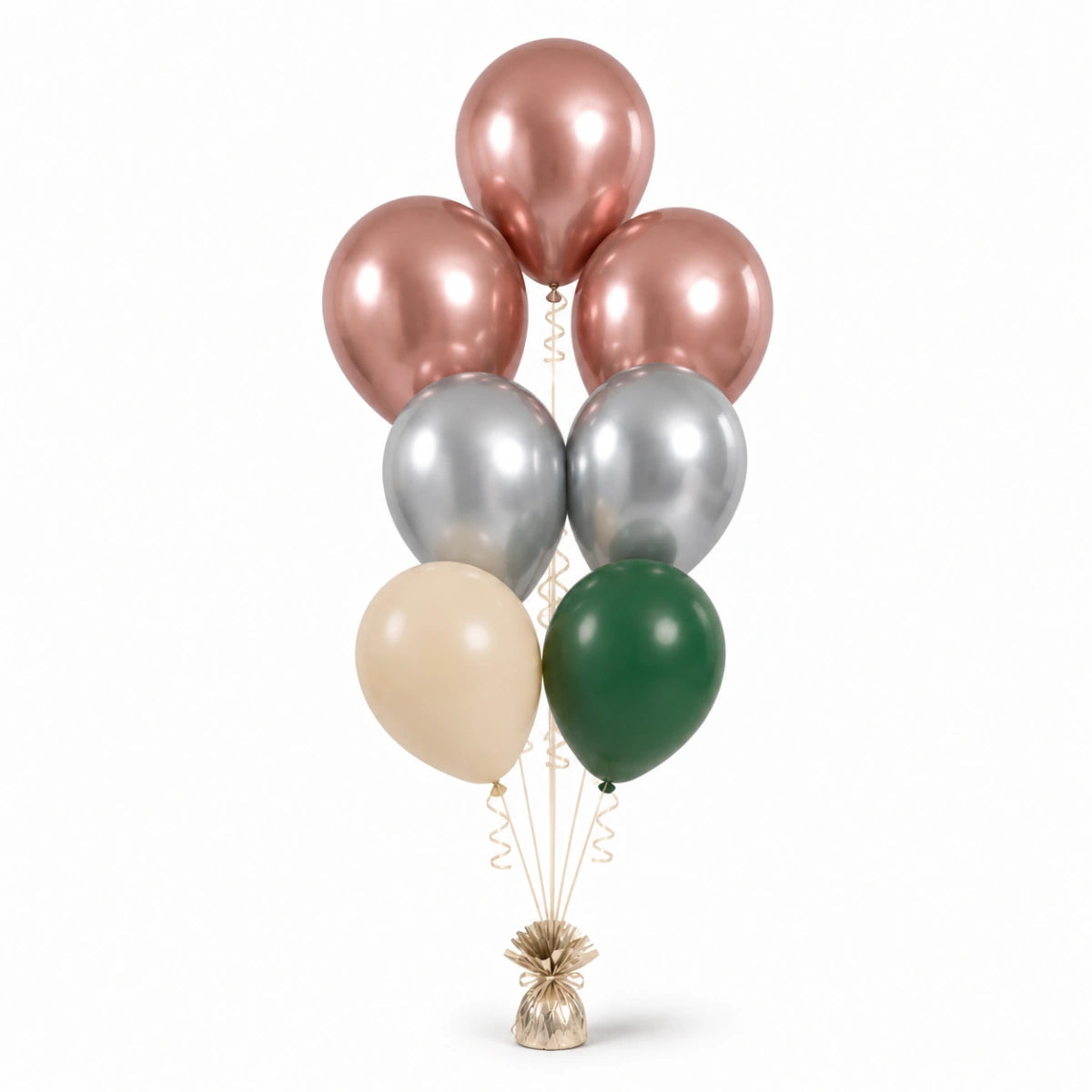 Rose Gold, Silver, Warm Sand & Forest Green Balloon Bunch - photorealistic coordinated seven-balloon bunch