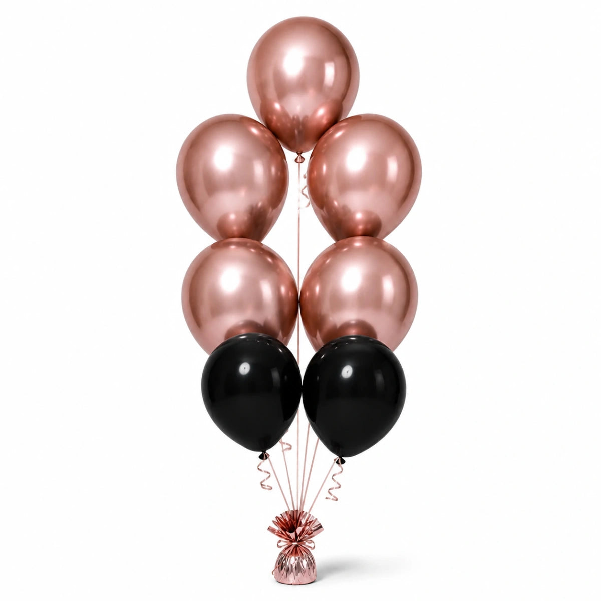 Rose Gold & Black Balloon Bunch (5/2 mix) - photorealistic coordinated seven-balloon bunch