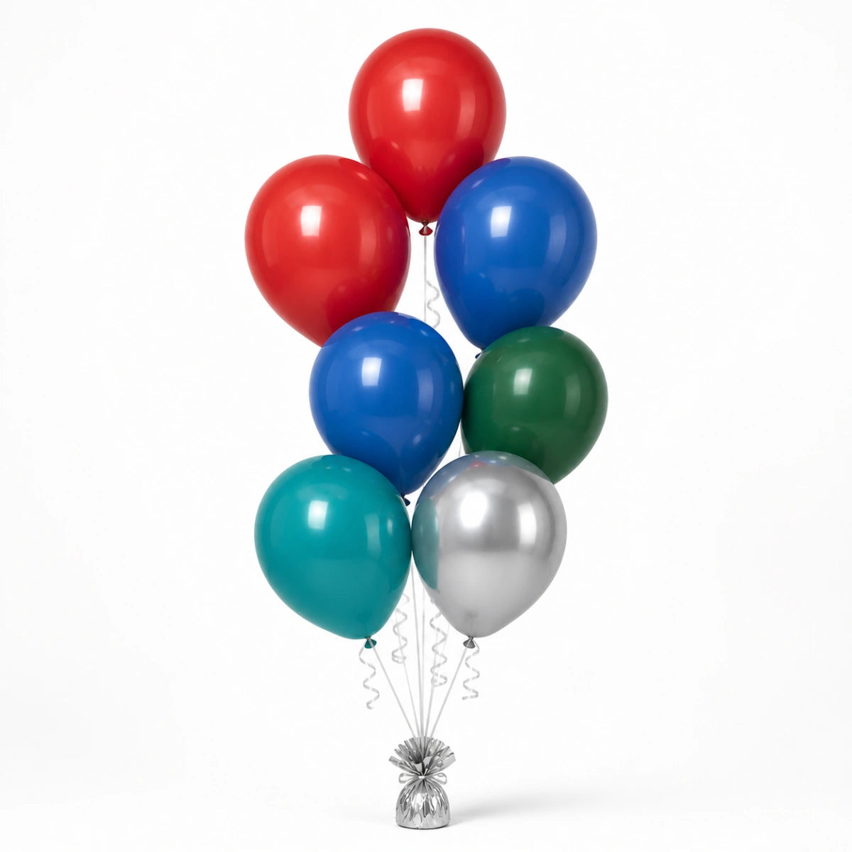 Red, Royal Blue, Forest Green, Deep Teal & Silver Balloon Bunch - photorealistic coordinated seven-balloon bunch