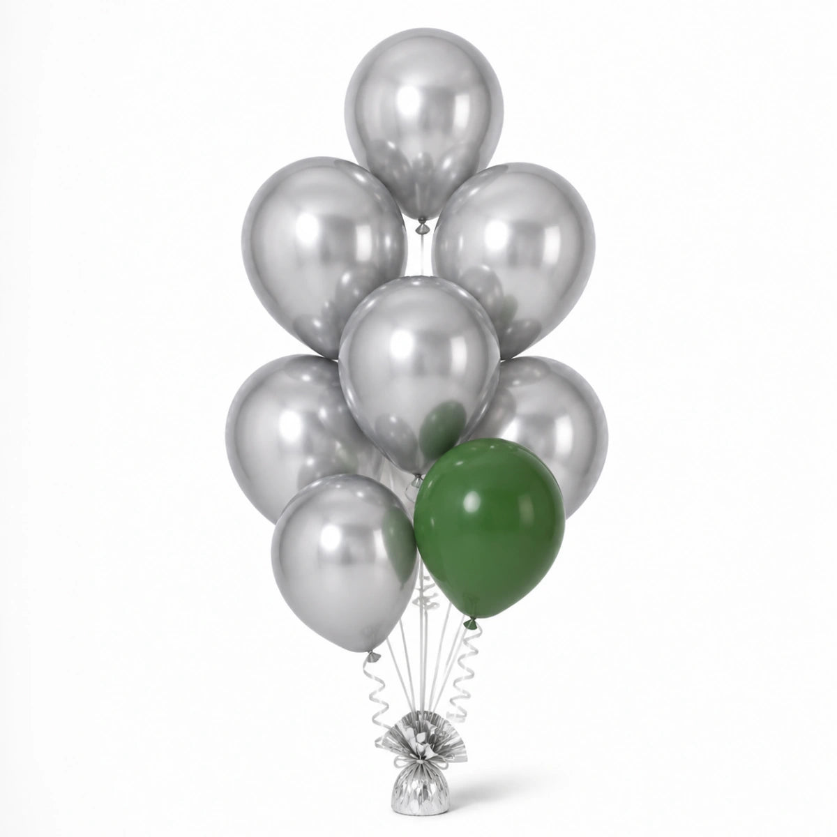 Silver & Forest Green Balloon Bunch (6/1 mix) - photorealistic coordinated seven-balloon bunch
