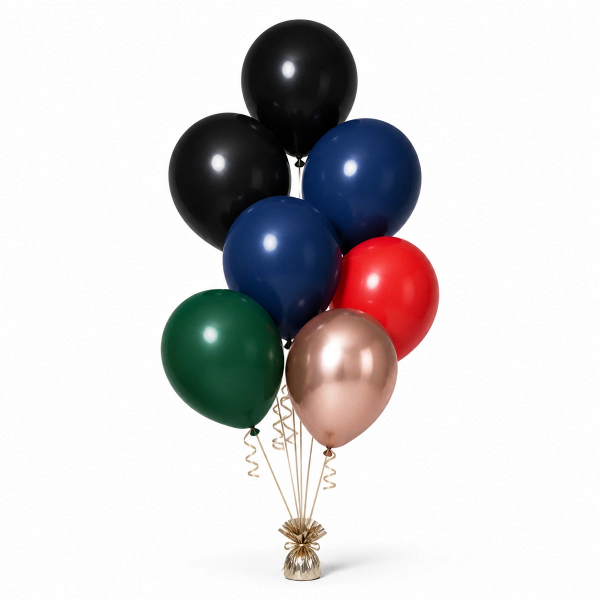 Black, Navy, Red, Forest Green & Rose Gold Balloon Bunch - photorealistic coordinated seven-balloon bunch