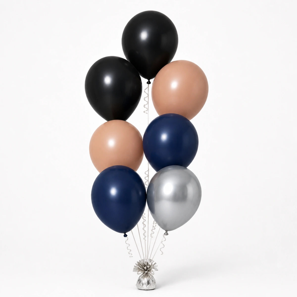 Black, Nude, Navy & Silver Balloon Bunch - photorealistic coordinated seven-balloon bunch