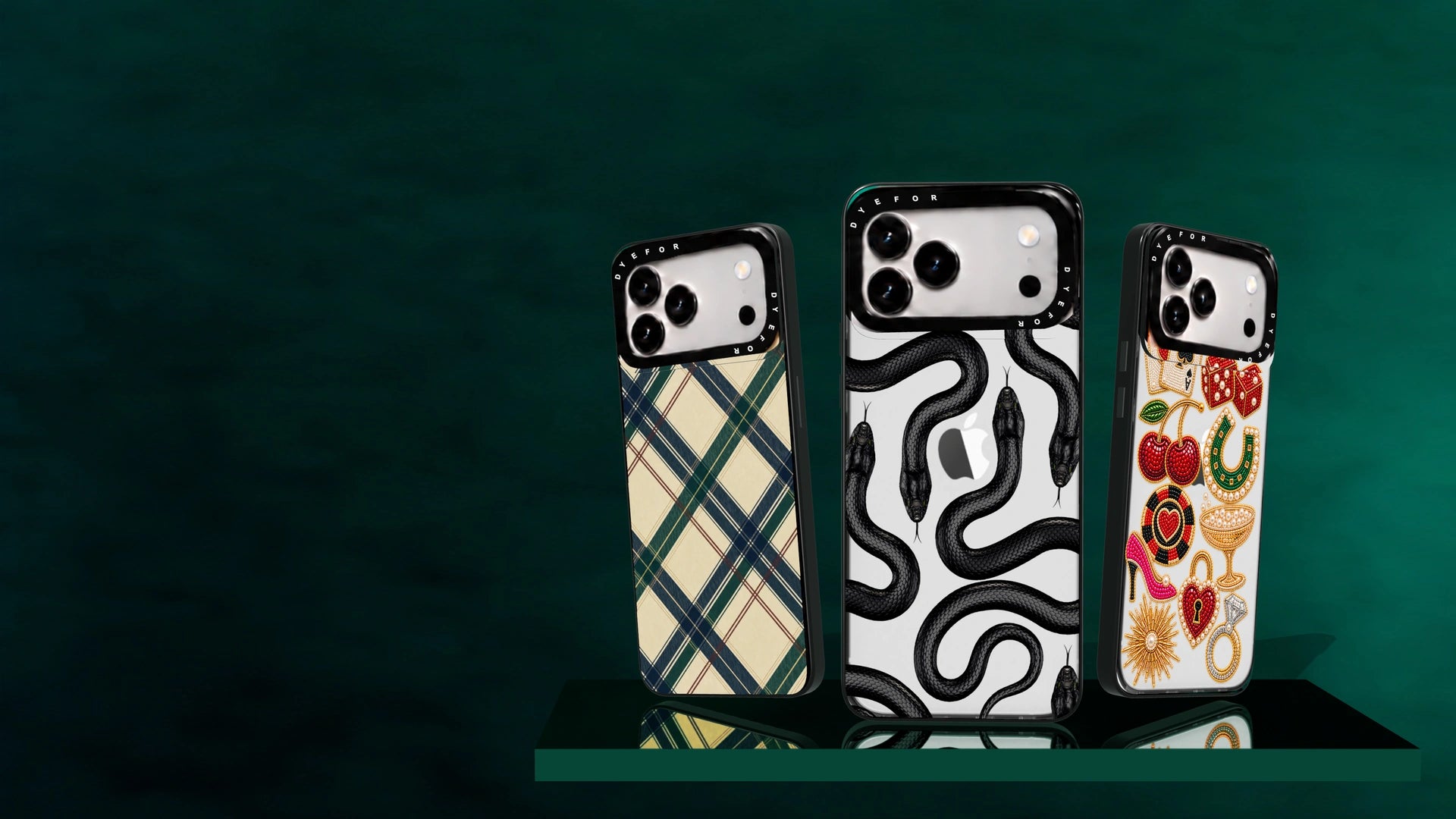 Heritage Club Plaid, snake-pattern and Vegas After Dark Dyefor cases with angled outer cases