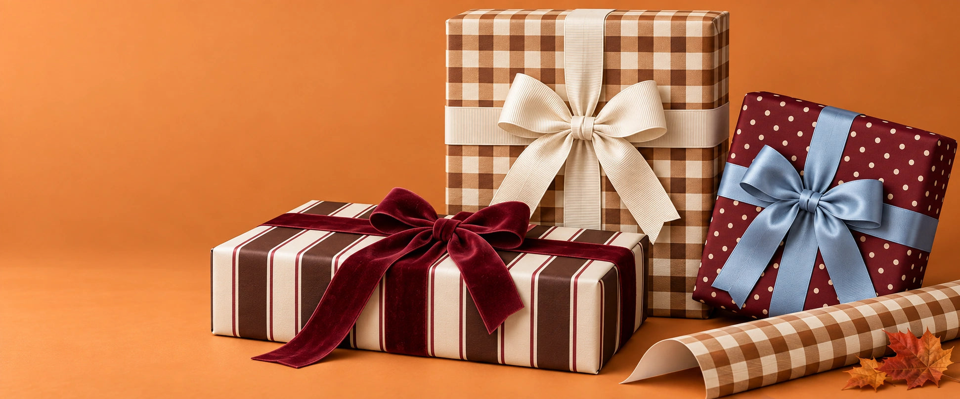 Autumn gift-wrap styling with caramel gingham, chocolate stripes and burgundy dots, finished with grosgrain, velvet and satin bows