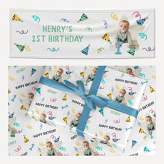 Any Age Happy Birthday Personalised Photo matching wrapping paper and banner set
