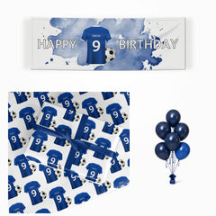 Blue Personalised Name Football Shirt matching wrapped gifts, banner and balloon bunch