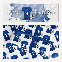Blue Personalised Name Football Shirt matching wrapping paper and banner set