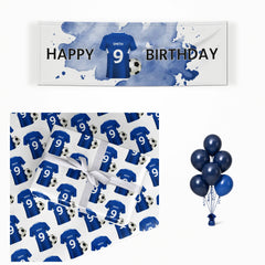 Blue Personalised Name Number Football Shirt matching wrapped gifts, banner and balloon bunch