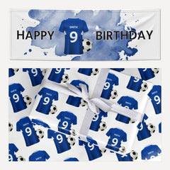 Blue Personalised Name Number Football Shirt matching wrapping paper and banner set