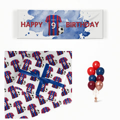 Blue Red Personalised Football Shirt matching wrapped gifts, banner and balloon bunch