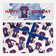 Blue Red Personalised Football Shirt matching wrapping paper and banner set