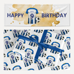 Blue White Yellow Personalised Football Shirt matching wrapping paper and banner set