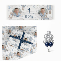 Boys 1st Birthday Personalised Photo matching wrapped gifts, banner and balloon bunch